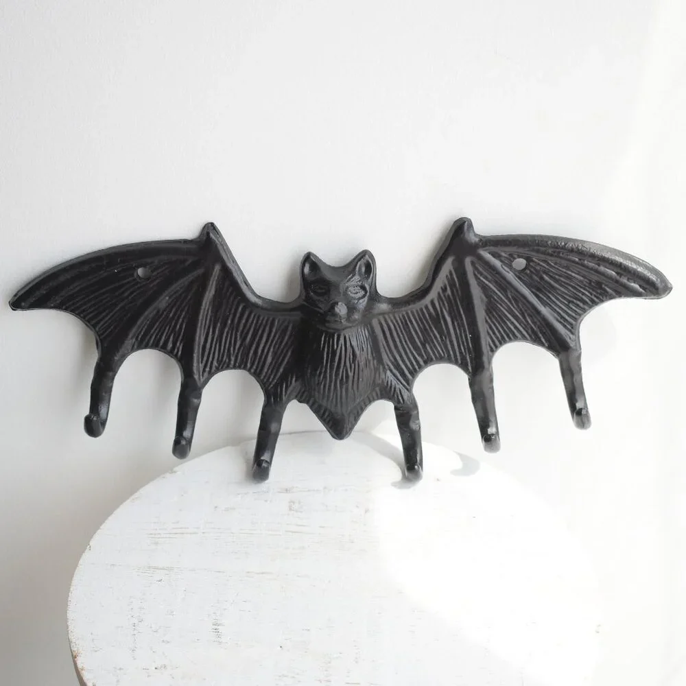 Large Rustic Gothic Black Cast Iron Metal Vampire Bat Hook Wall Halloween Decor